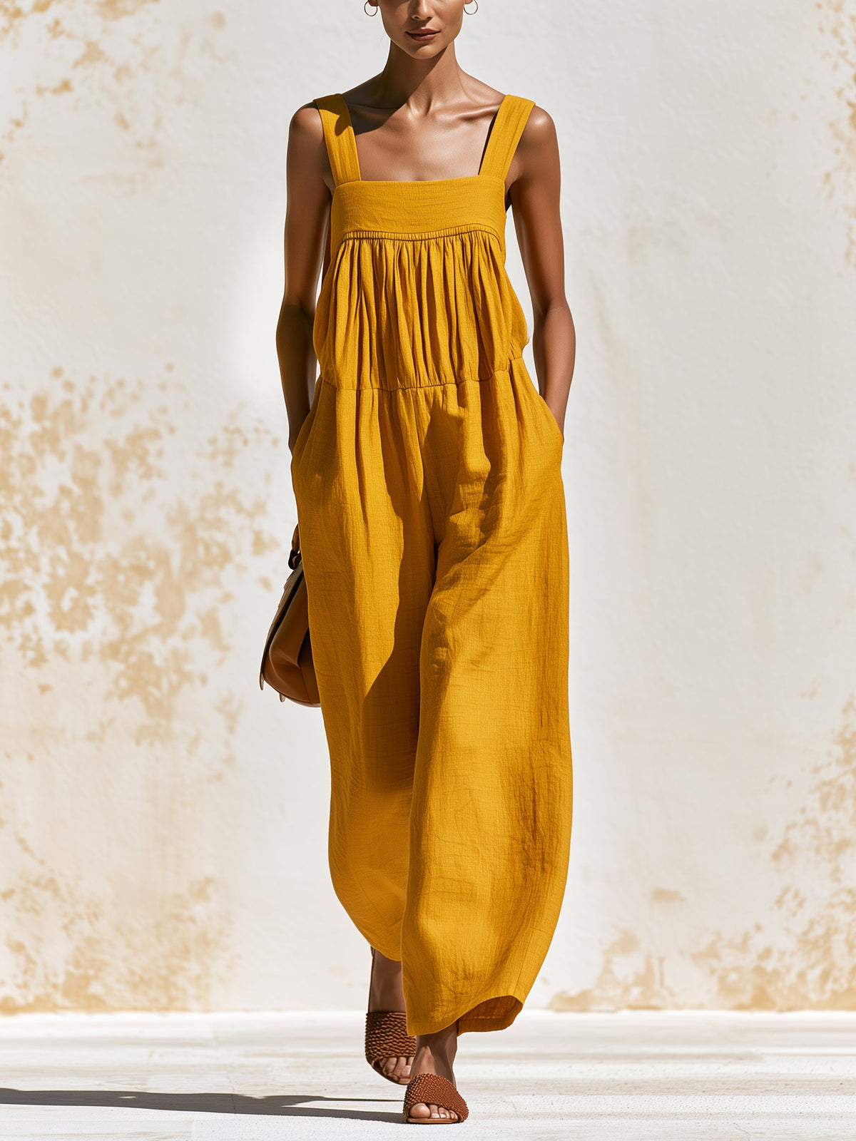 Mustard Yellow Sleeveless Wide Leg Jumpsuit for Women – Relaxed Fit Square Neck Summer Romper