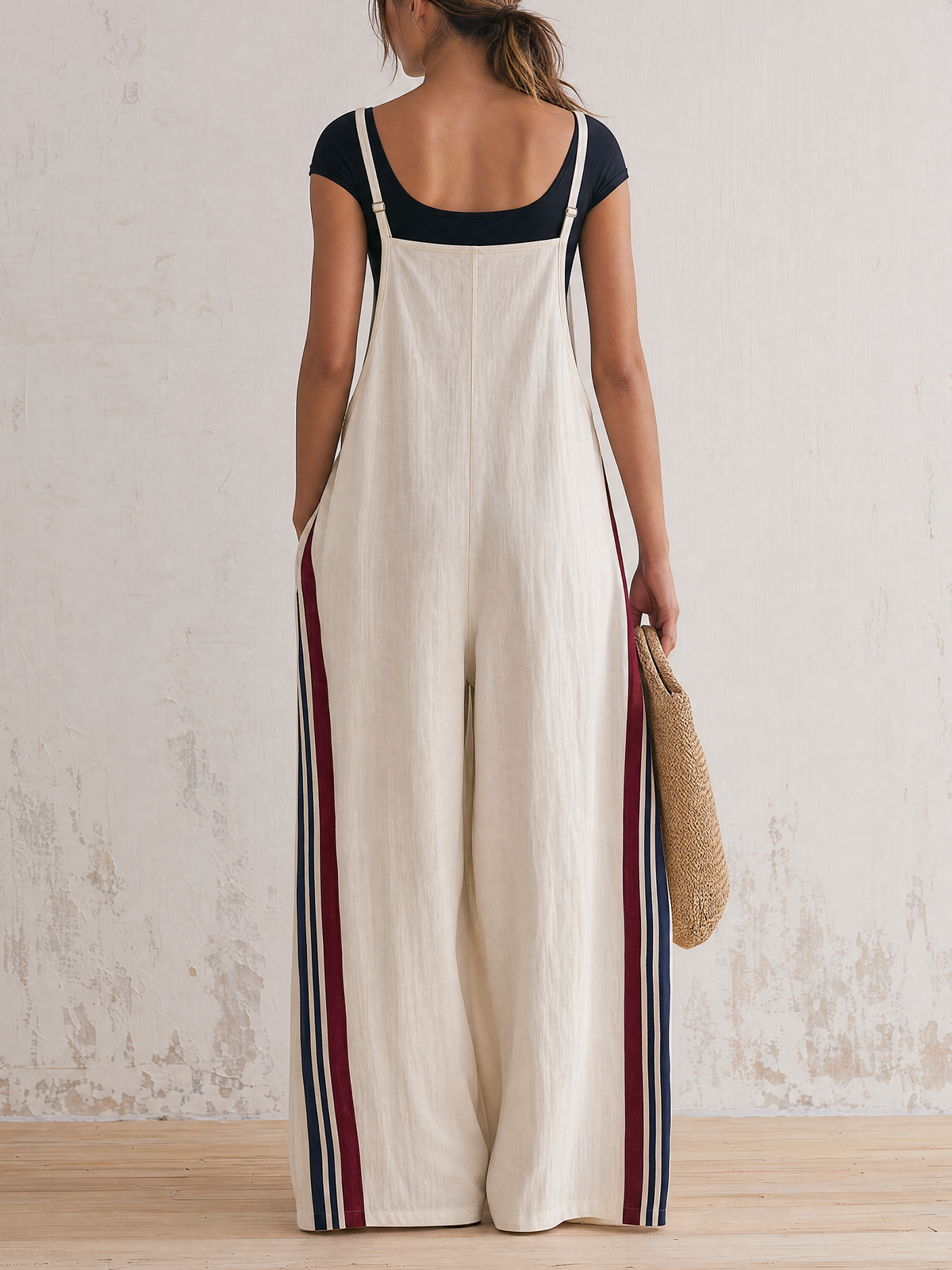 Casual Sleeveless Wide-Leg Overalls in Linen Stripe with Side Pockets