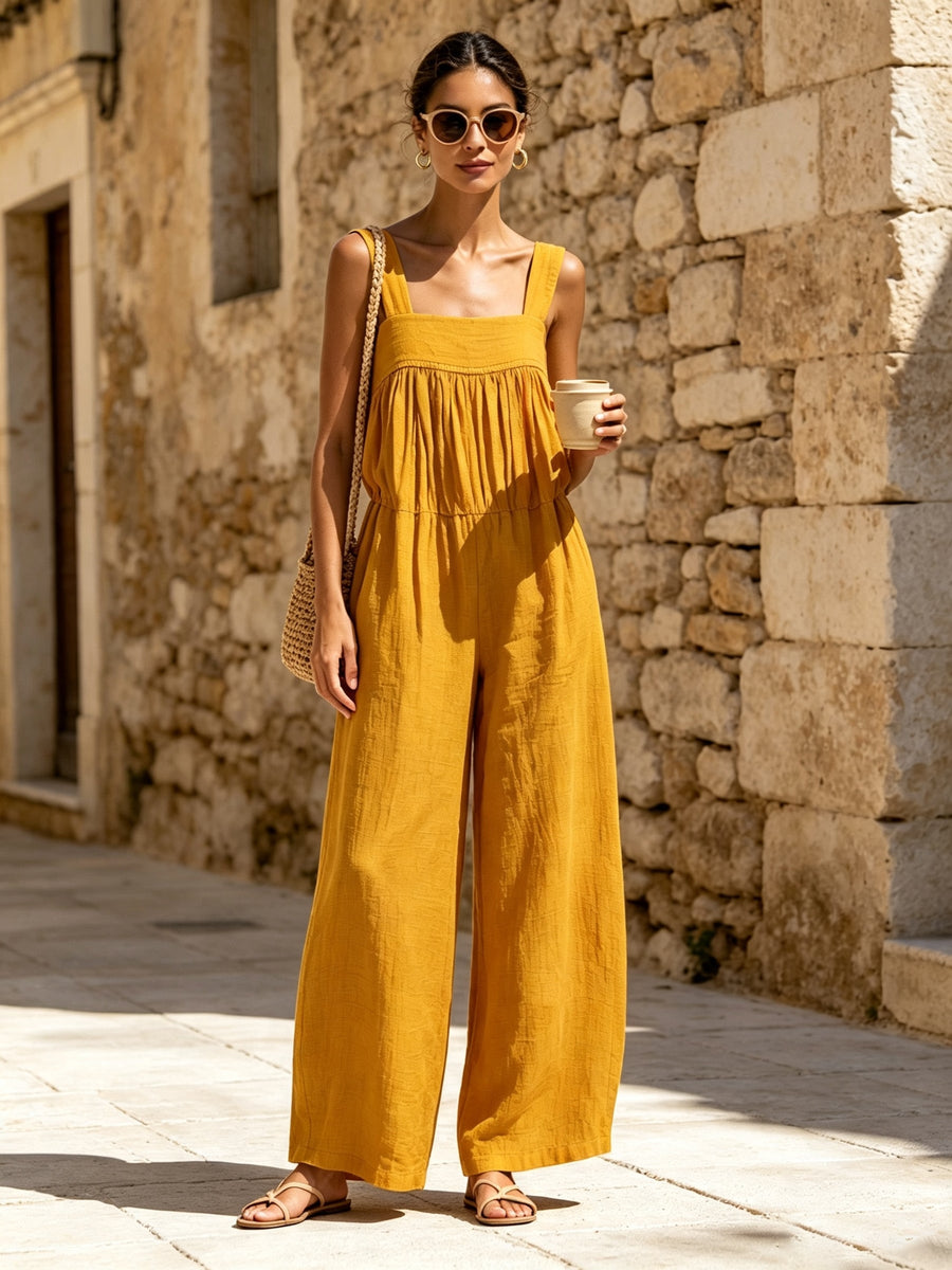Mustard Yellow Sleeveless Wide Leg Jumpsuit for Women – Relaxed Fit Square Neck Summer Romper