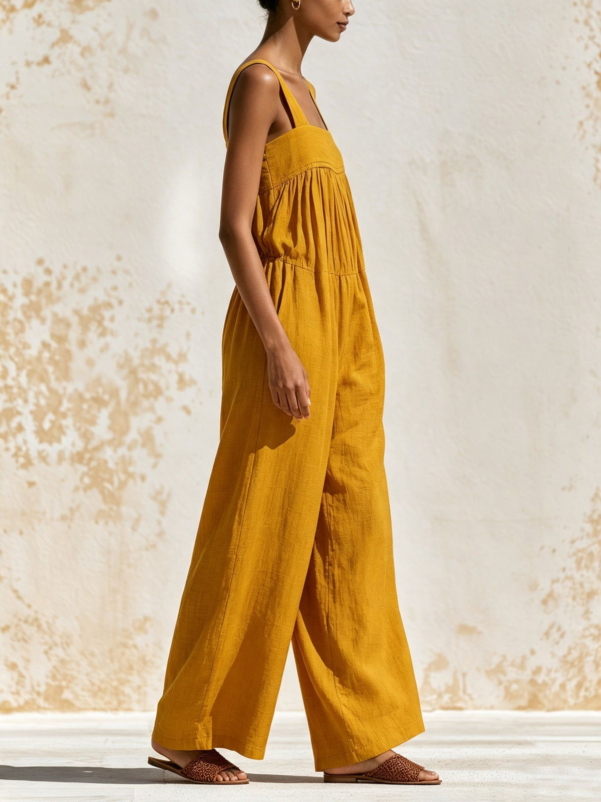 Mustard Yellow Sleeveless Wide Leg Jumpsuit for Women – Relaxed Fit Square Neck Summer Romper