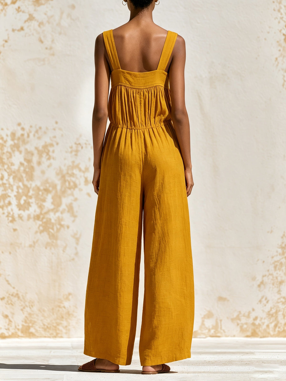 Mustard Yellow Sleeveless Wide Leg Jumpsuit for Women – Relaxed Fit Square Neck Summer Romper