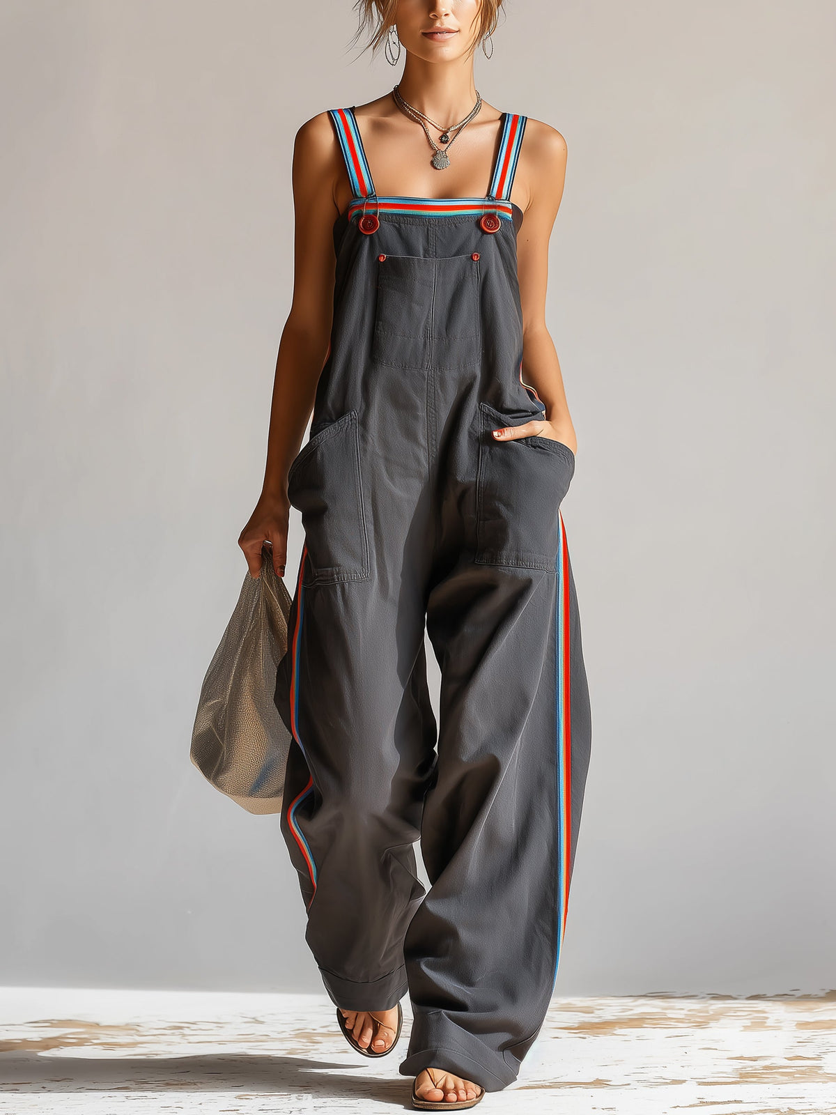 Women's Oversized Utility Jumpsuit – Wide Leg Cargo Overalls with Contrast Straps and Pockets