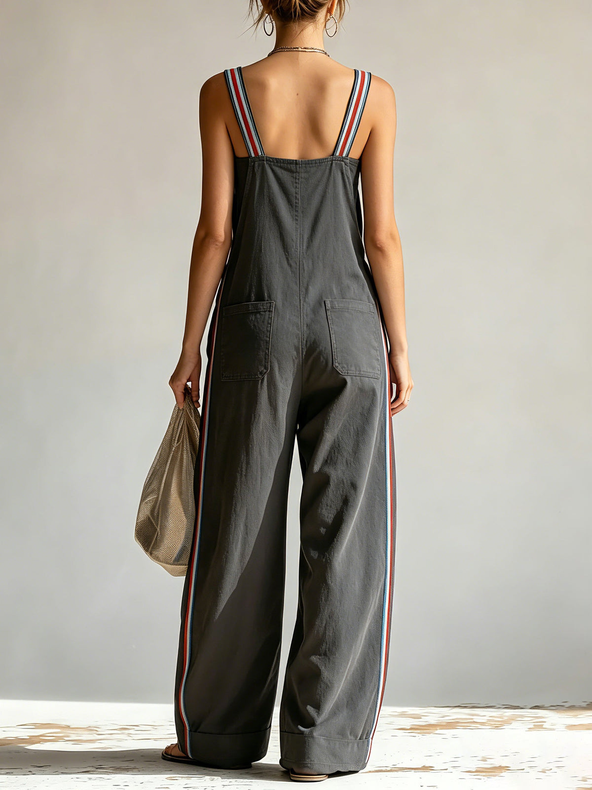 Women's Oversized Utility Jumpsuit – Wide Leg Cargo Overalls with Contrast Straps and Pockets