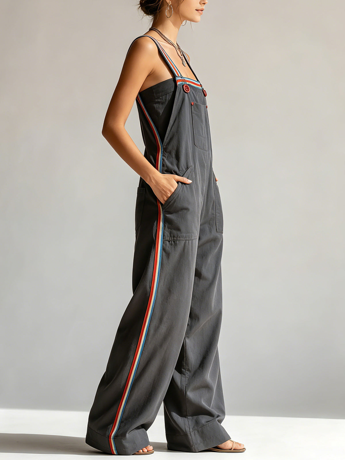 Women's Oversized Utility Jumpsuit – Wide Leg Cargo Overalls with Contrast Straps and Pockets