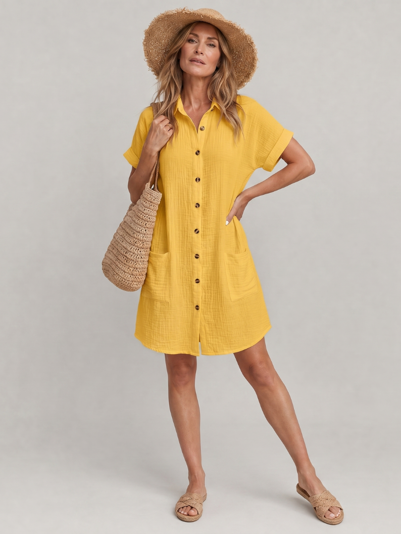 Linon | Knee-Length Dress with Short Sleeves and Front Pockets