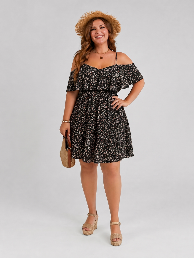 Novom | Knee-Length Dress with Cold Shoulder Ruffle Overlay