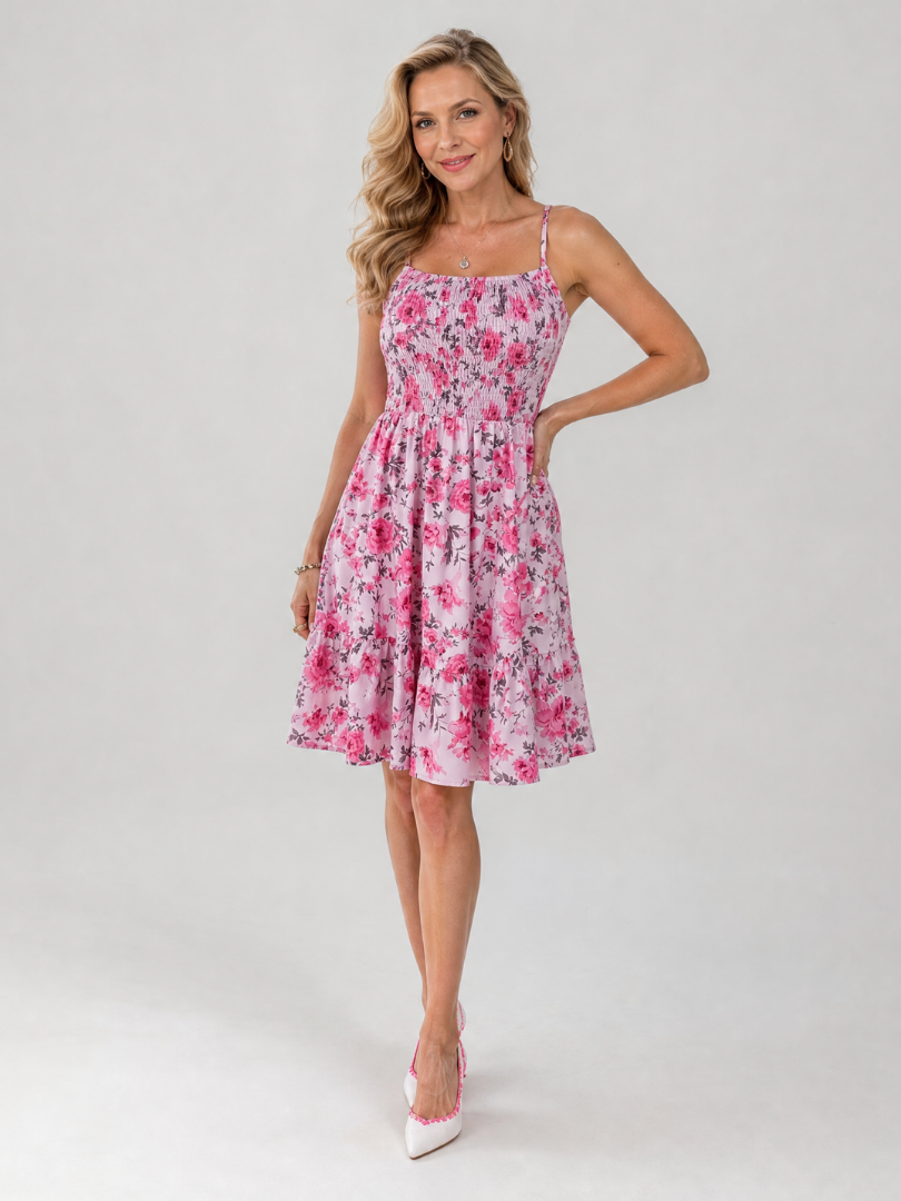 Rosabelle | Floral Print Knee-Length Dress with Spaghetti Straps