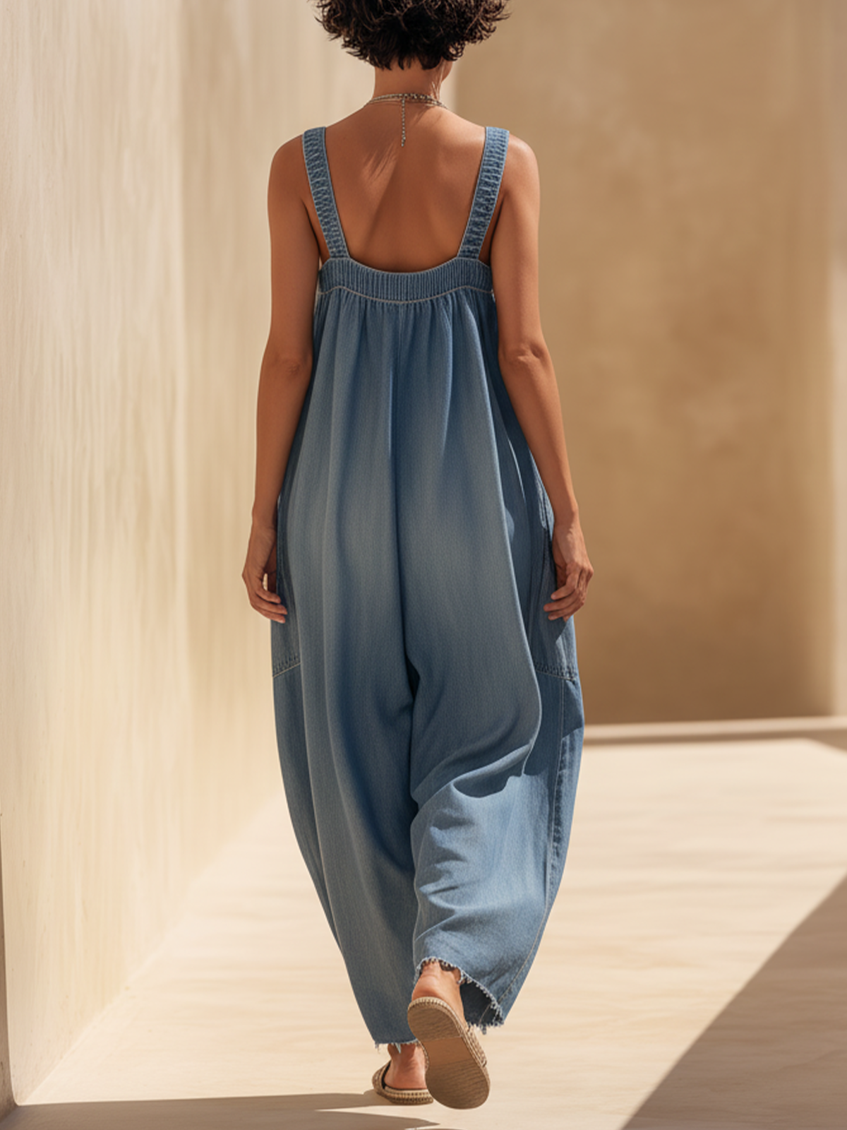 Relaxed Fit Lightweight Denim Jumpsuit - Sleeveless Wide-Leg Romper with Frayed Hem Detail