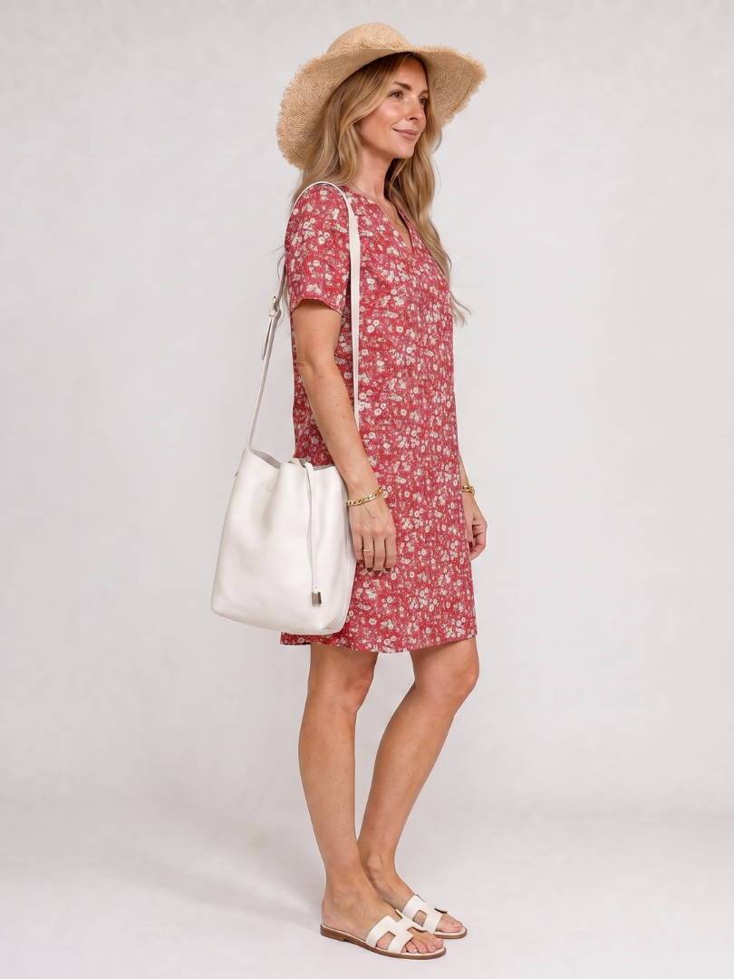 Somene | Knee-Length Dress with Short Sleeves and Geometric Print
