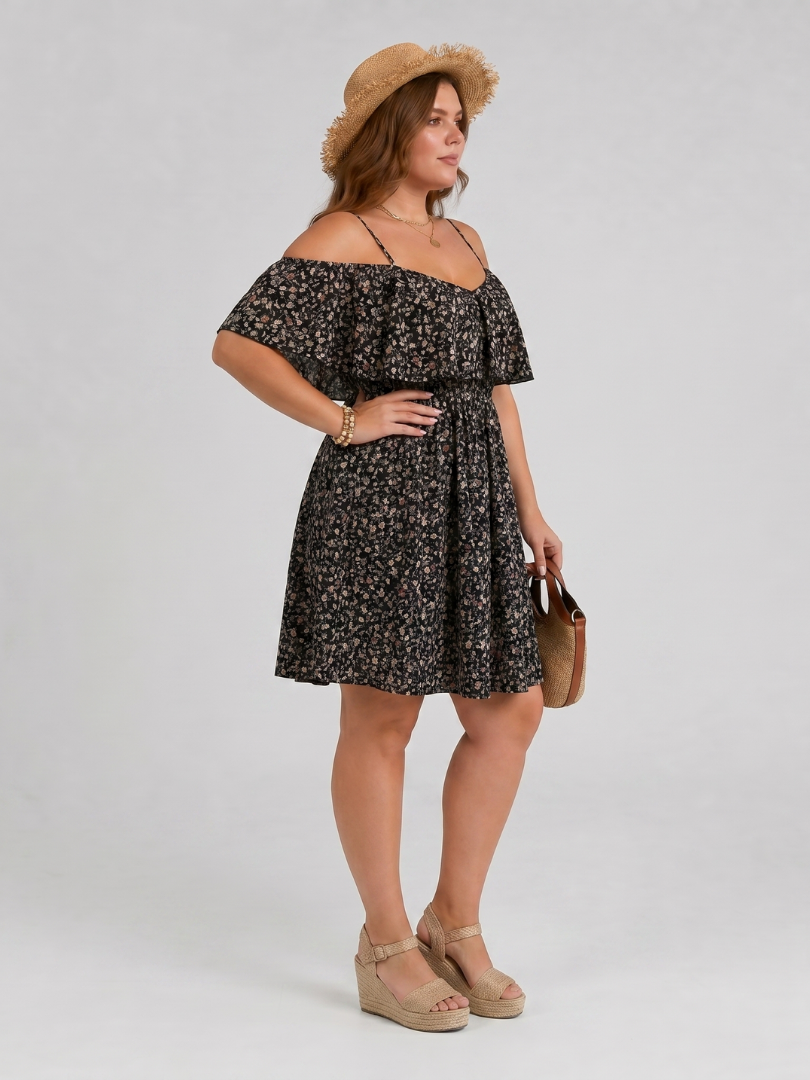 Novom | Knee-Length Dress with Cold Shoulder Ruffle Overlay