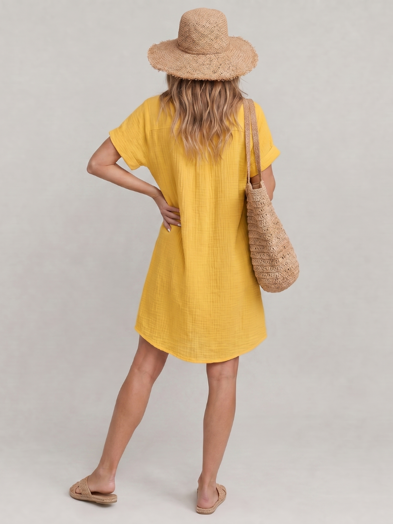 Linon | Knee-Length Dress with Short Sleeves and Front Pockets