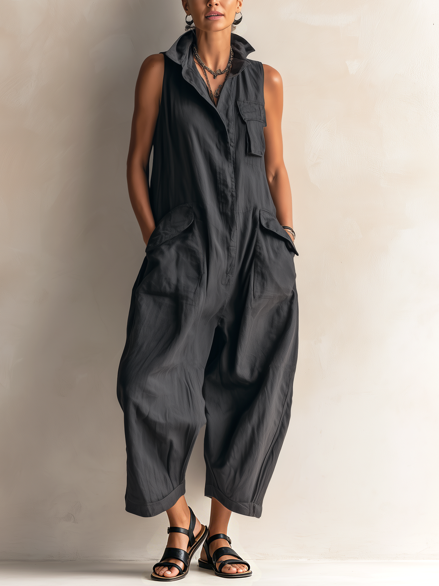 Black Sleeveless Utility Jumpsuit with Wide Legs