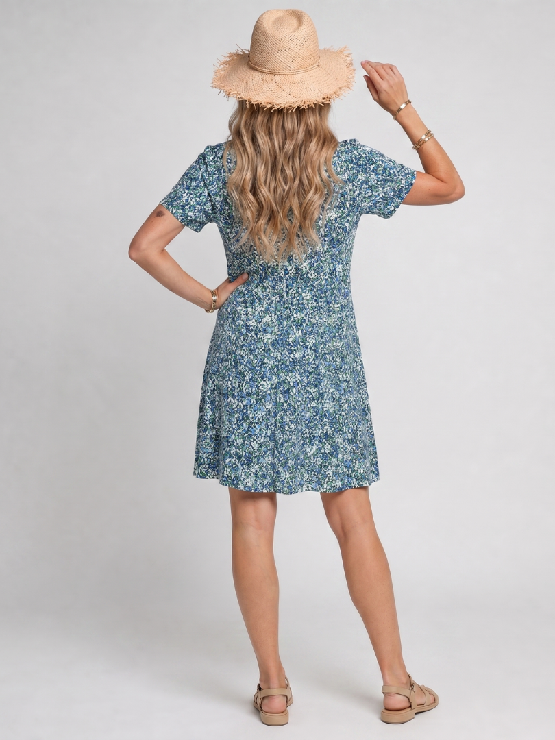 Meraki | Knee-Length Tropical Print Dress with Short Sleeves