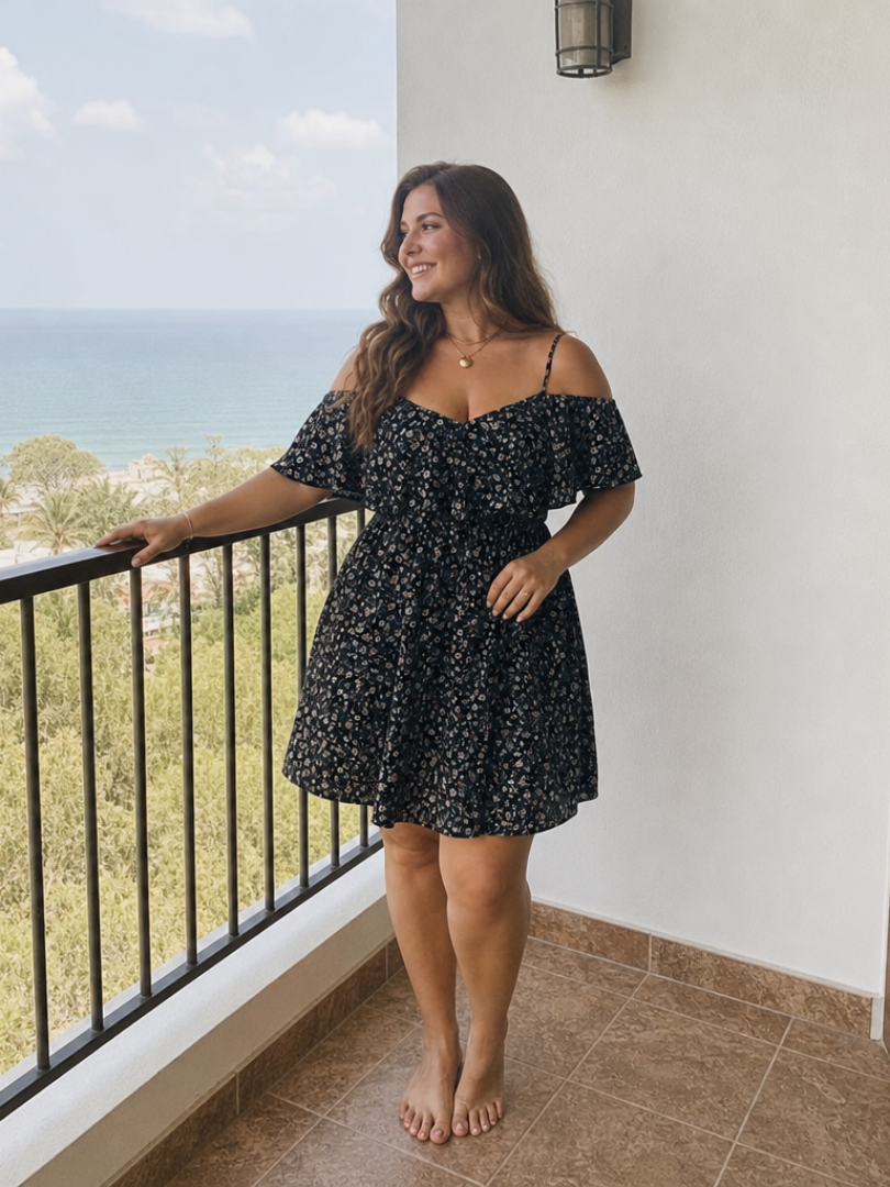 Novom | Knee-Length Dress with Cold Shoulder Ruffle Overlay