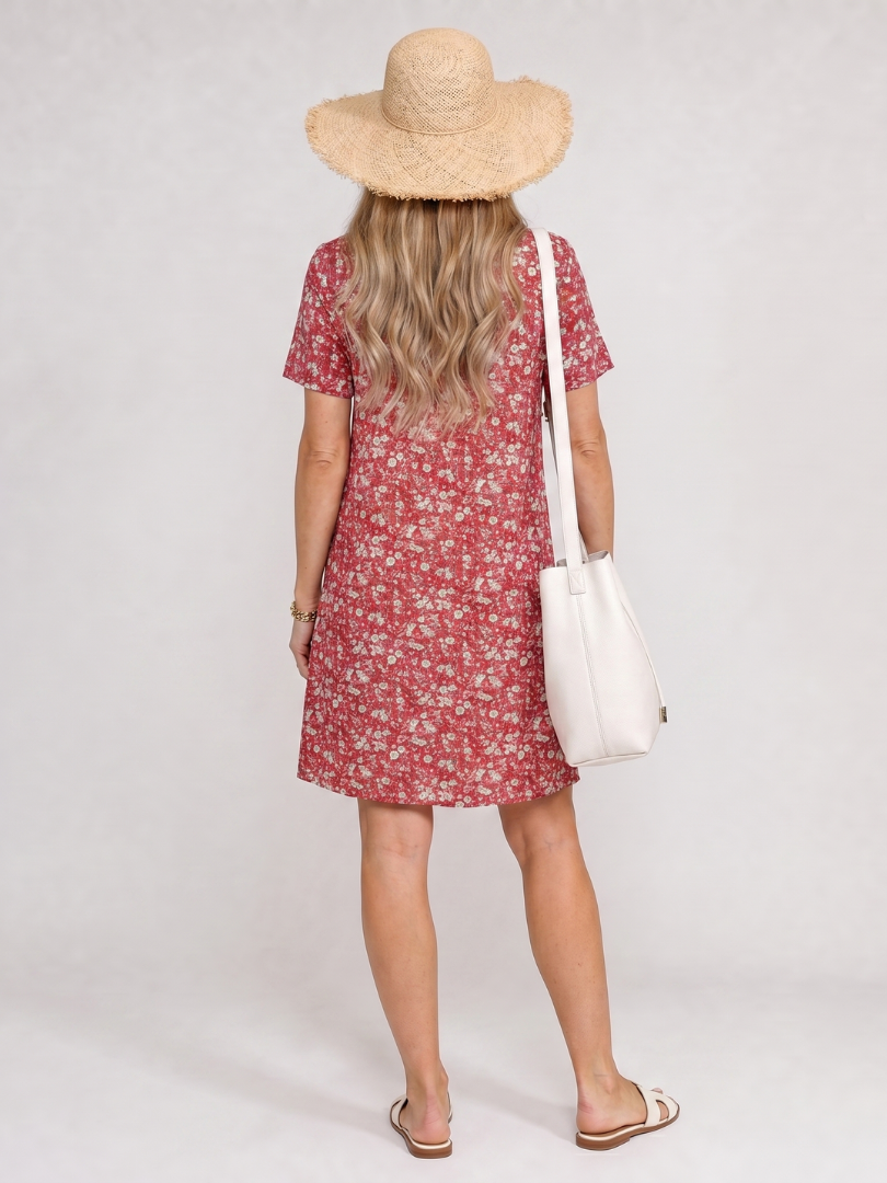 Somene | Knee-Length Dress with Short Sleeves and Geometric Print