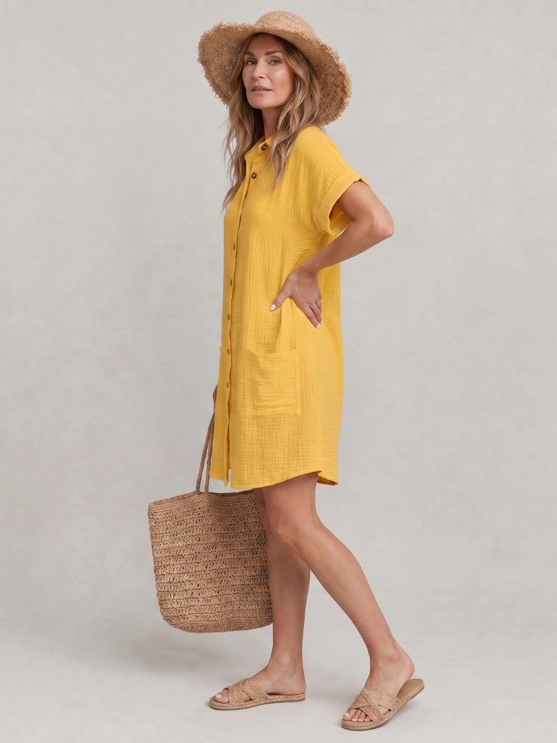 Linon | Knee-Length Dress with Short Sleeves and Front Pockets