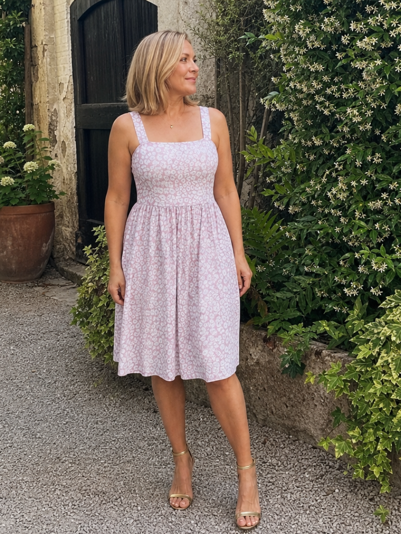 Leneva | Floral Print Square Neck Knee-Length Dress