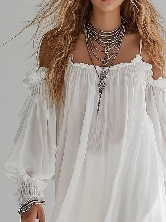 Mélusine | Bohemian Mini Fluid Dress with Off-Shoulder Design