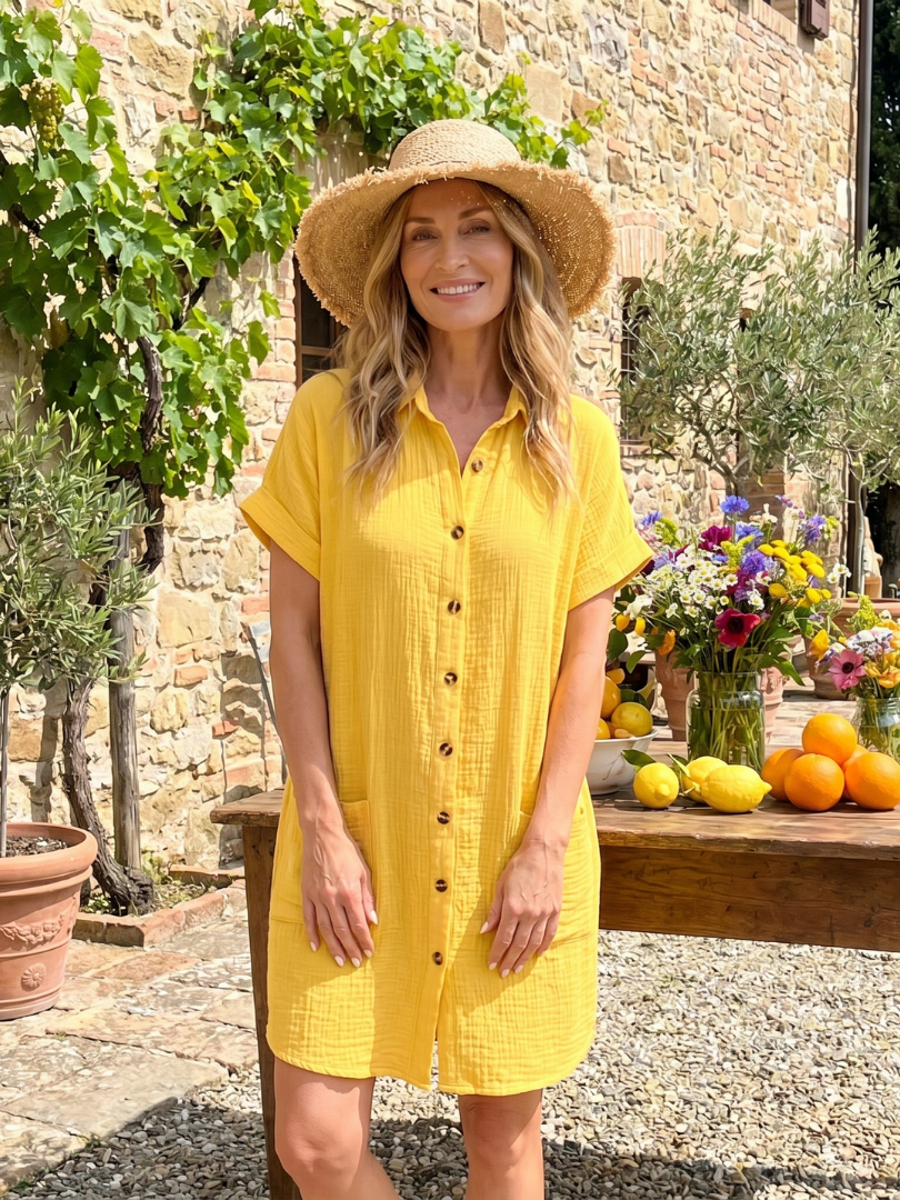 Linon | Knee-Length Dress with Short Sleeves and Front Pockets