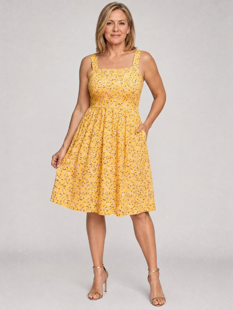 Leneva | Floral Print Square Neck Knee-Length Dress