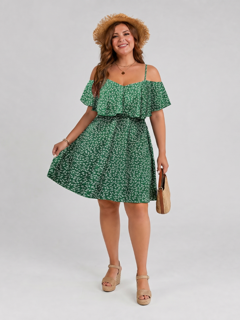 Novom | Knee-Length Dress with Cold Shoulder Ruffle Overlay