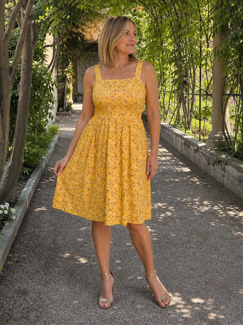 Leneva | Floral Print Square Neck Knee-Length Dress