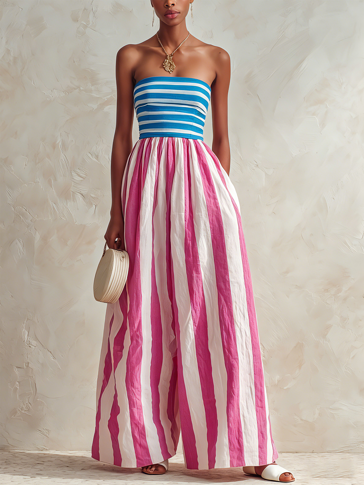 Striped Strapless Top in Red & White Paired with Blue & White Wide-Leg Jumpsuit