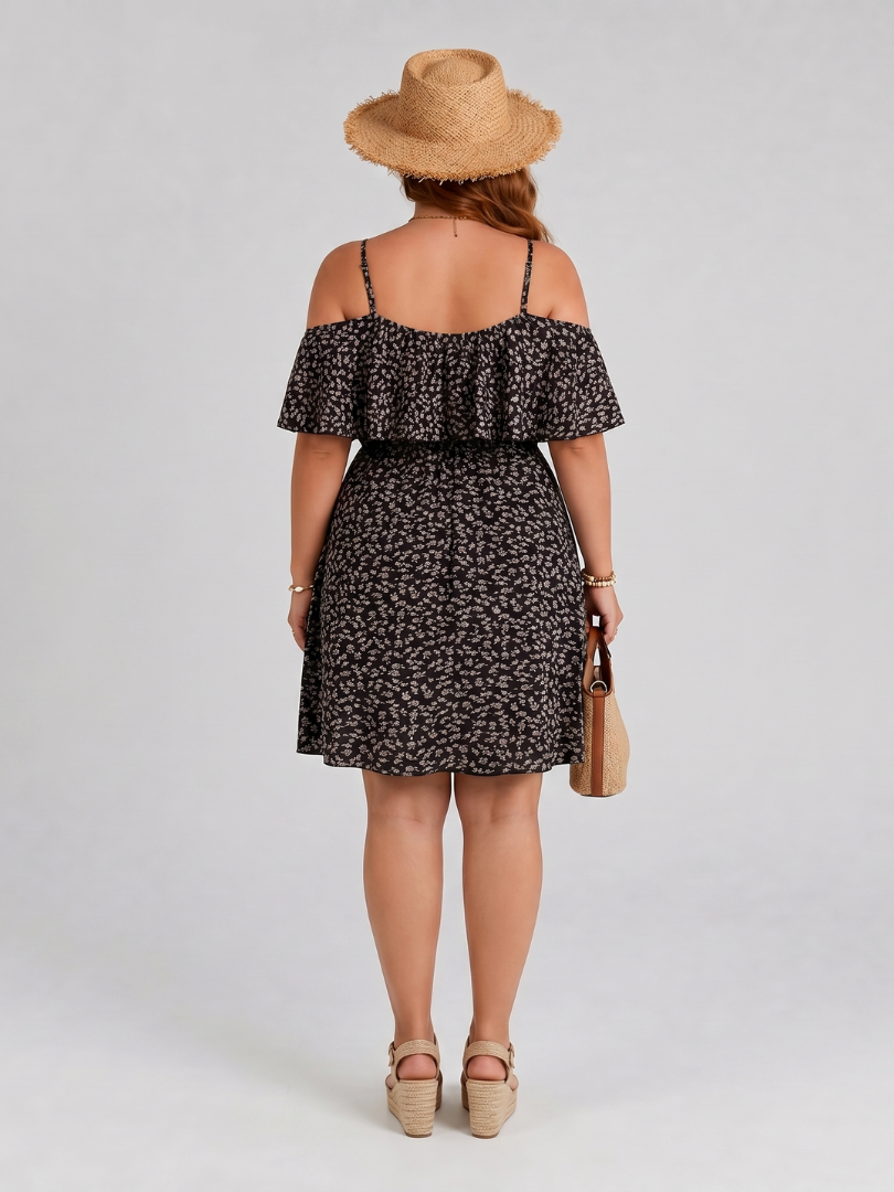 Novom | Knee-Length Dress with Cold Shoulder Ruffle Overlay
