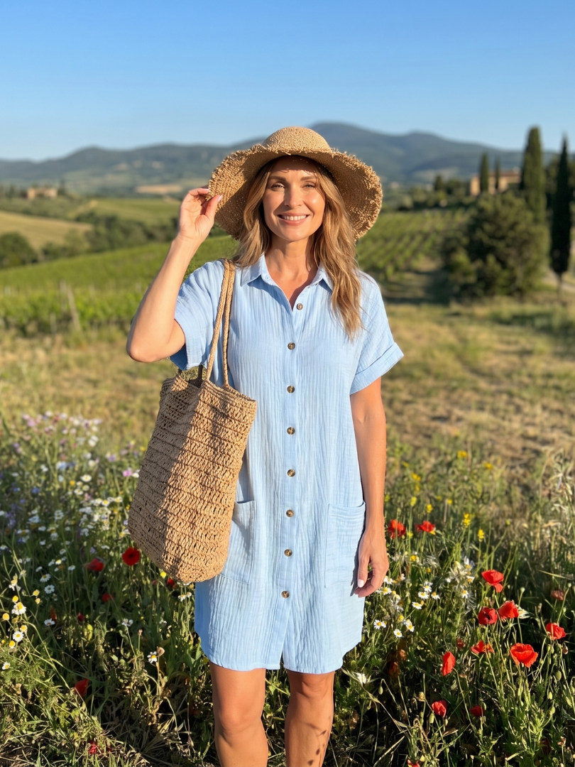 Linon | Knee-Length Dress with Short Sleeves and Front Pockets