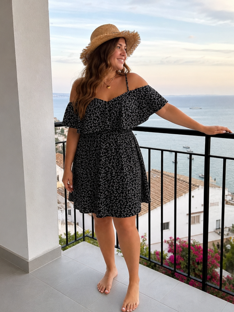 Novom | Knee-Length Dress with Cold Shoulder Ruffle Overlay