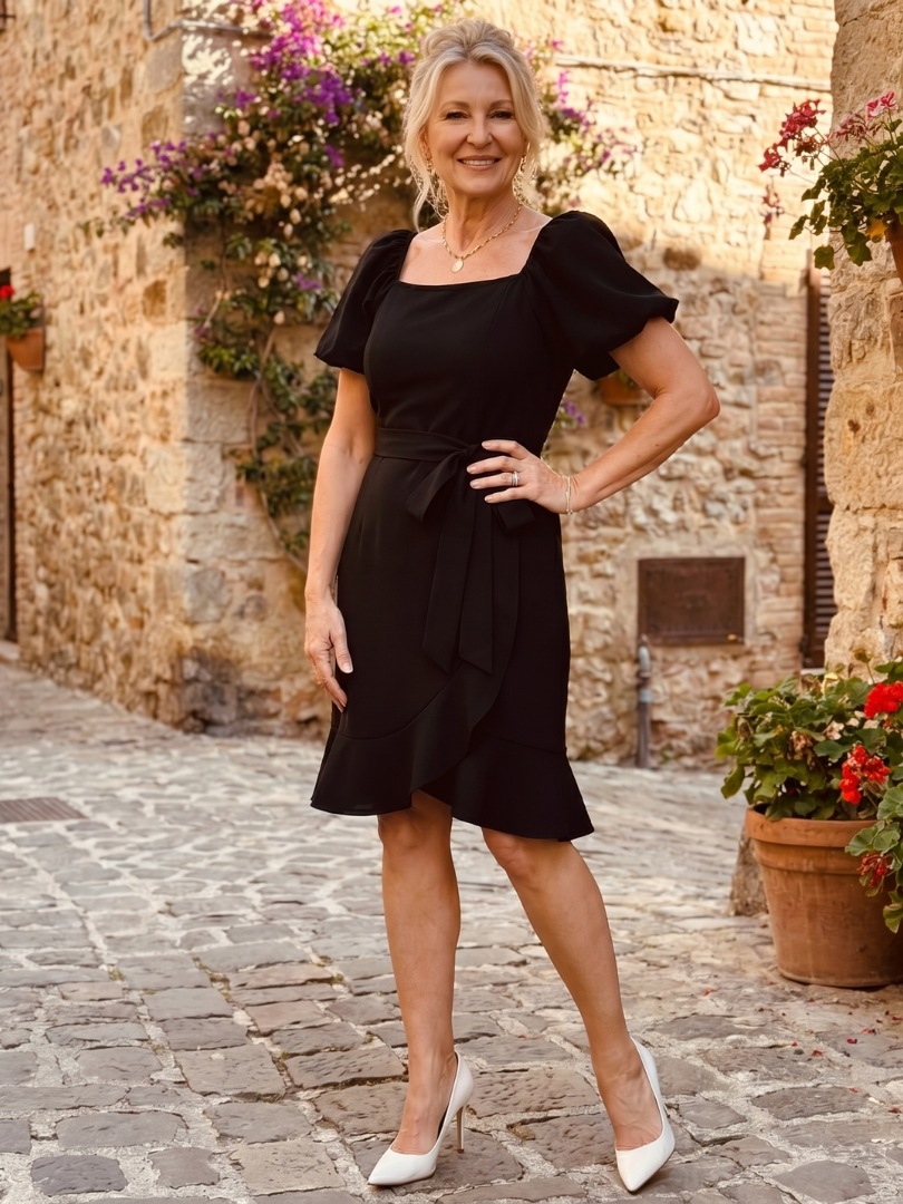 Ruosa | Mini Dress with Short Puff Sleeves and Side Tie Detail