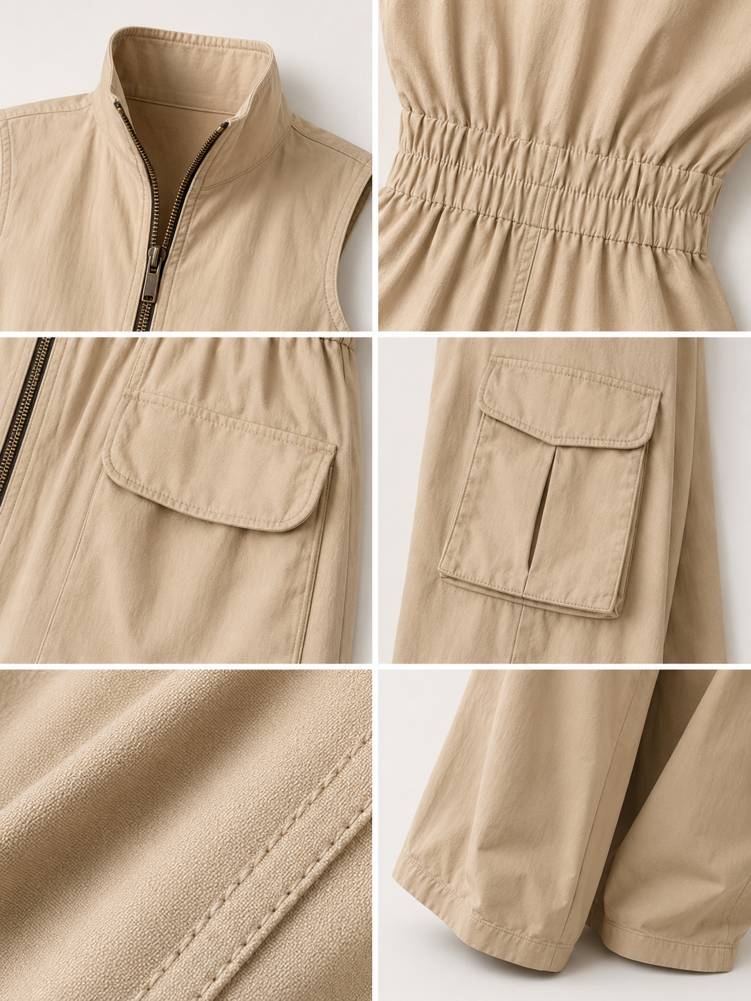 Beige Cotton Twill Sleeveless Utility Jumpsuit with Cargo Pockets