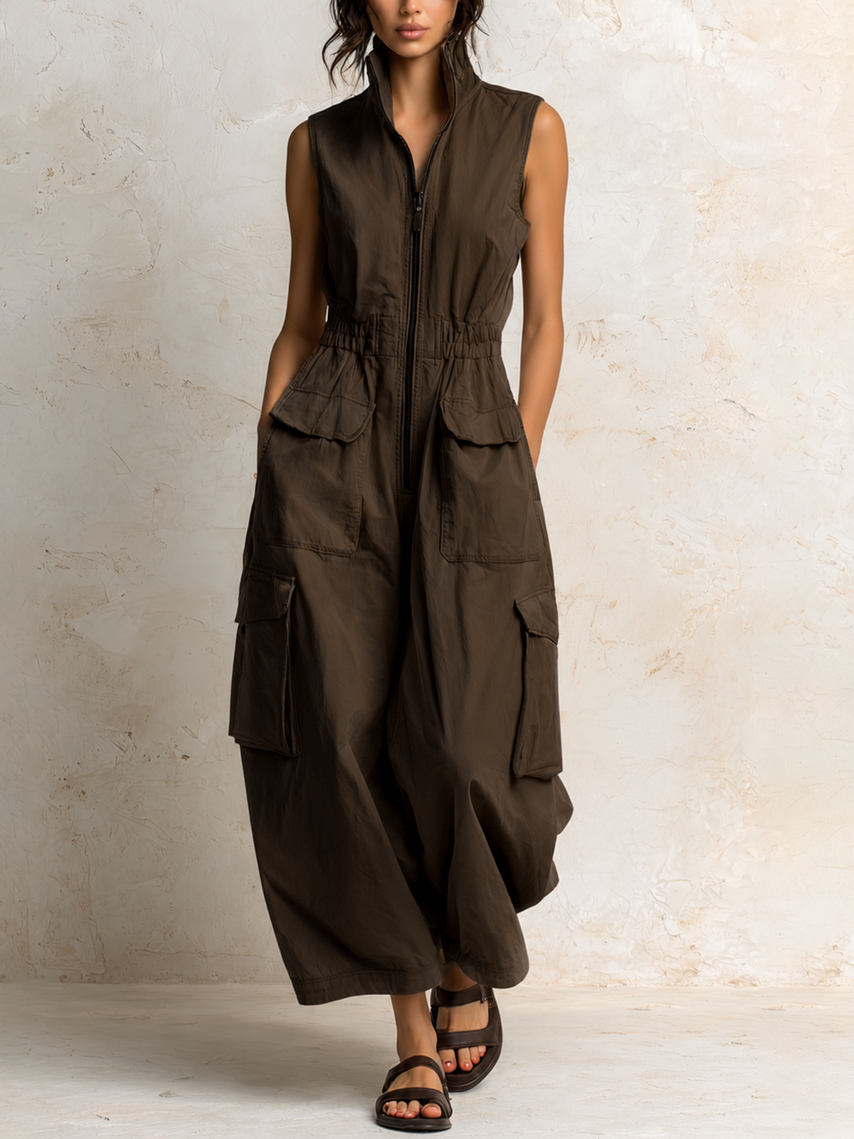 Beige Cotton Twill Sleeveless Utility Jumpsuit with Cargo Pockets