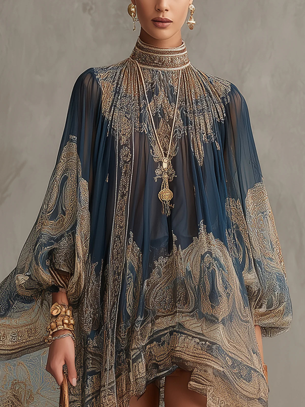 Bérénice | Navy Blue Baroque Print Chiffon Asymmetrical Mini Dress with High Neck