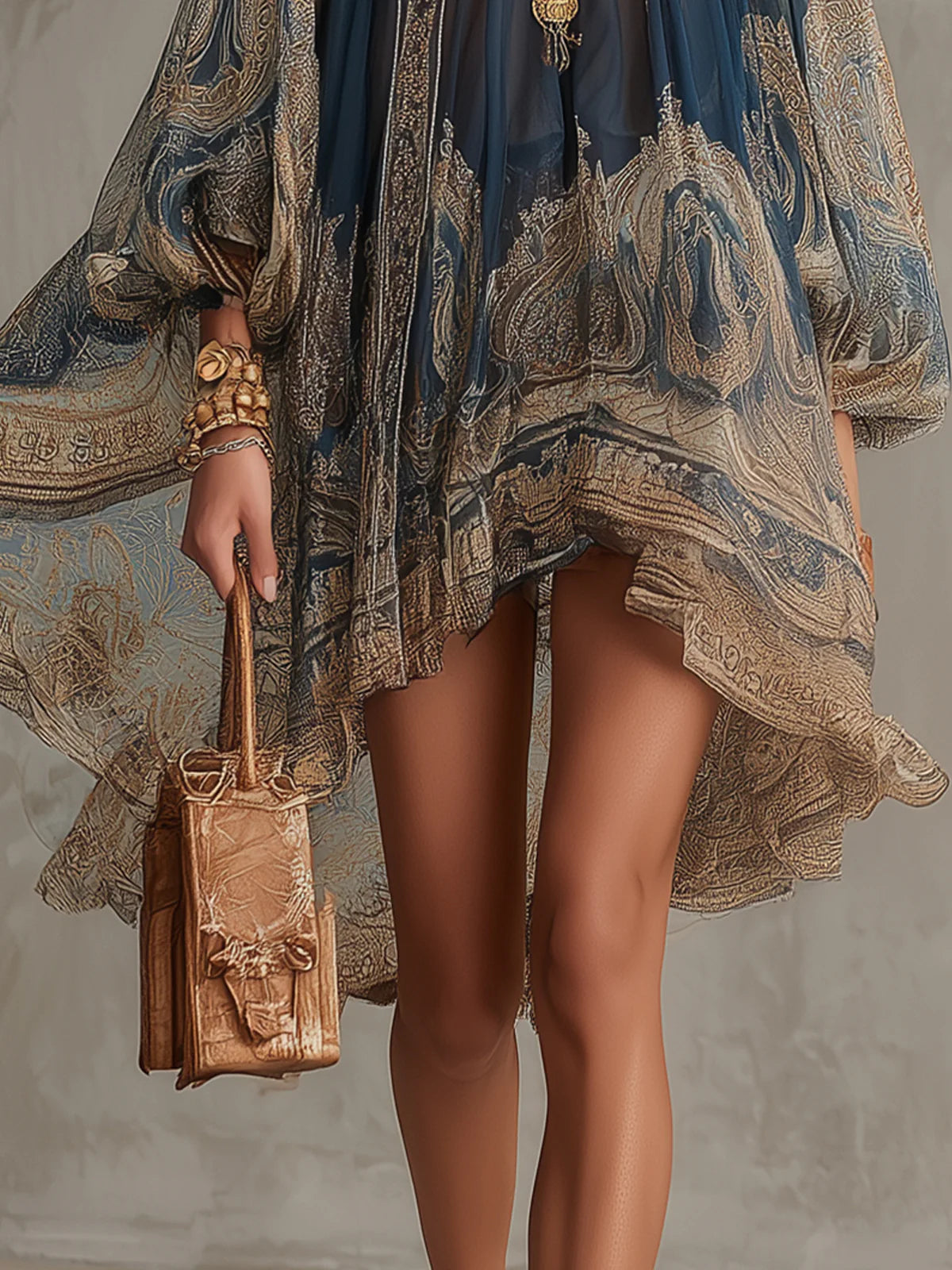 Bérénice | Navy Blue Baroque Print Chiffon Asymmetrical Mini Dress with High Neck