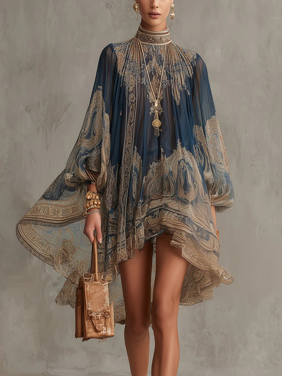Bérénice | Navy Blue Baroque Print Chiffon Asymmetrical Mini Dress with High Neck