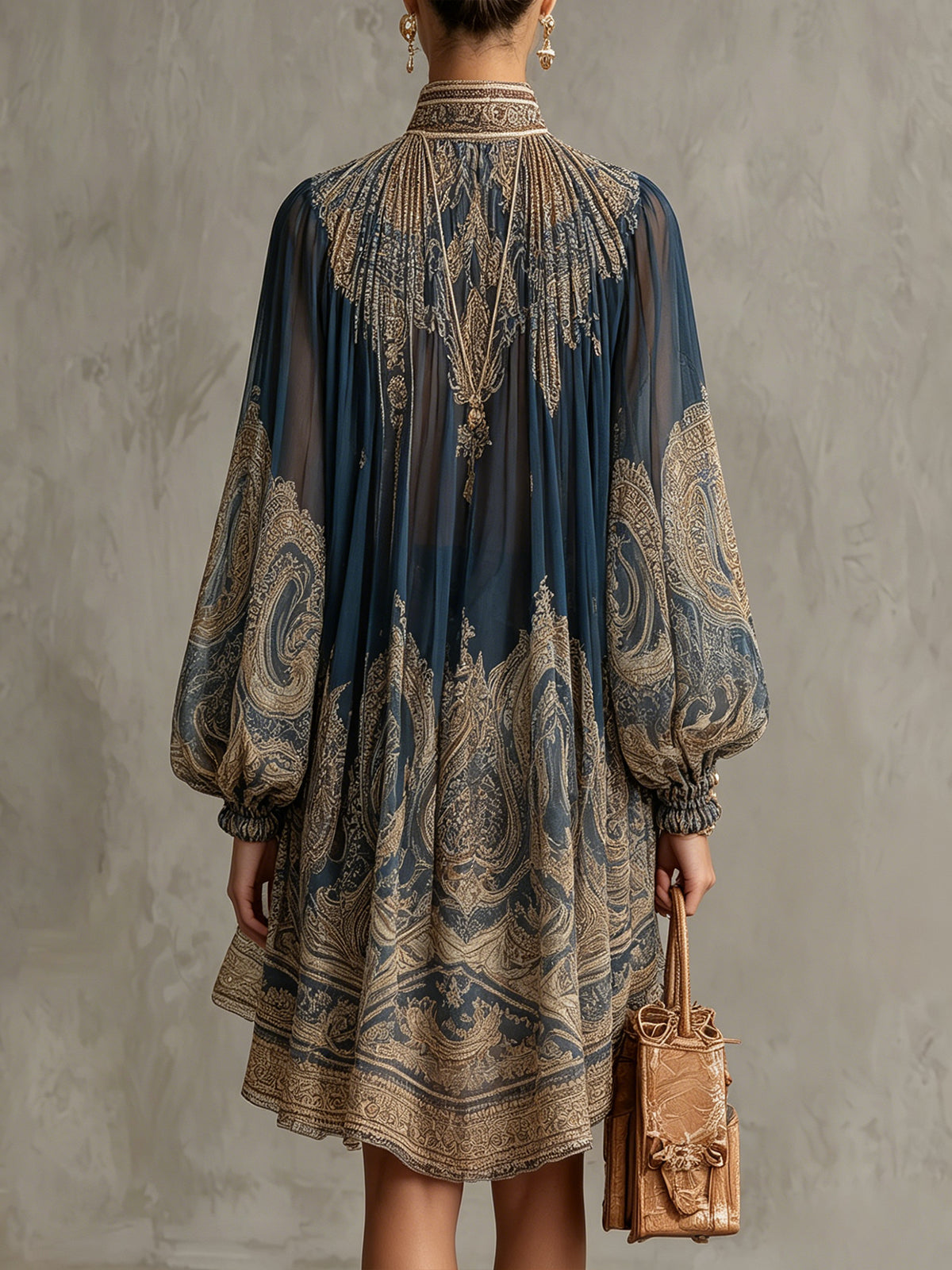 Bérénice | Navy Blue Baroque Print Chiffon Asymmetrical Mini Dress with High Neck