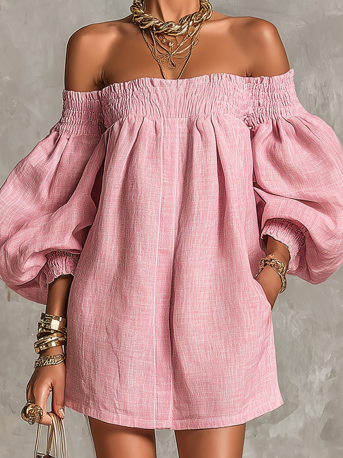Violette | Off-Shoulder Pink Mini Trapeze Dress with Lantern Sleeves