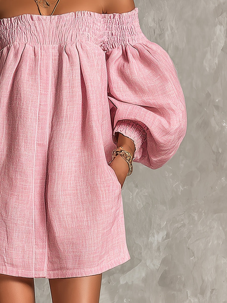 Violette | Off-Shoulder Pink Mini Trapeze Dress with Lantern Sleeves