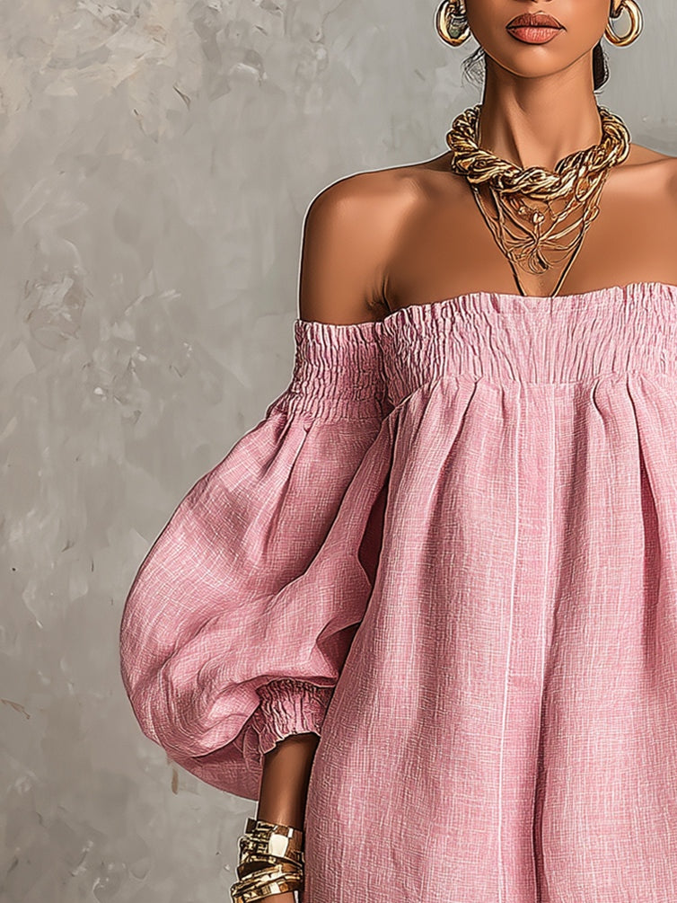 Violette | Off-Shoulder Pink Mini Trapeze Dress with Lantern Sleeves