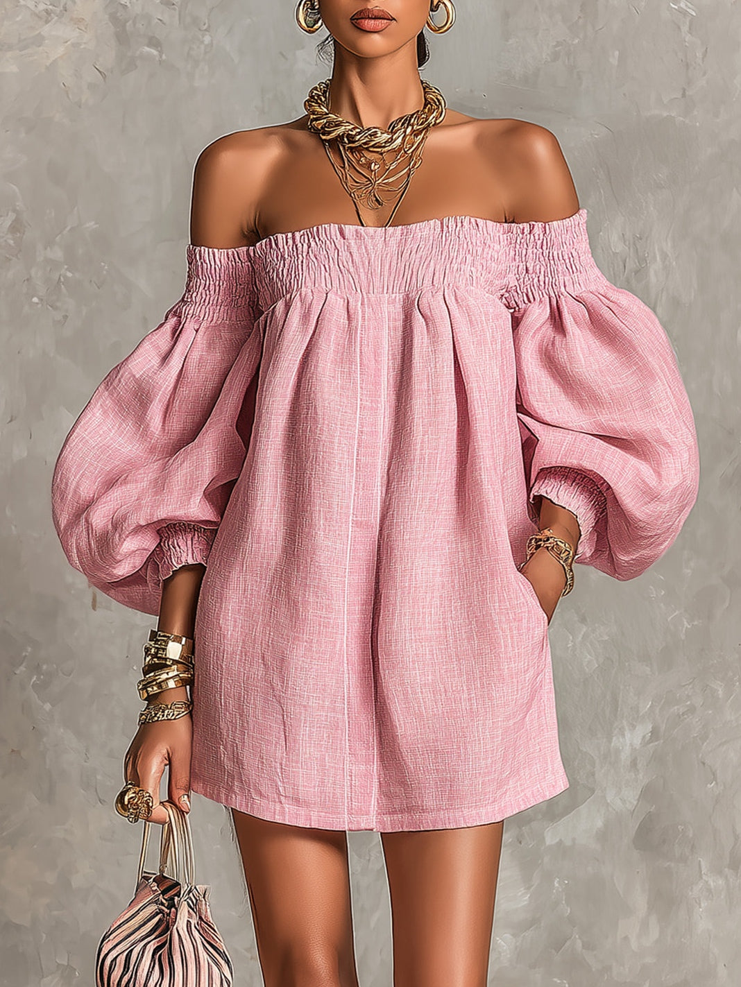 Violette | Off-Shoulder Pink Mini Trapeze Dress with Lantern Sleeves
