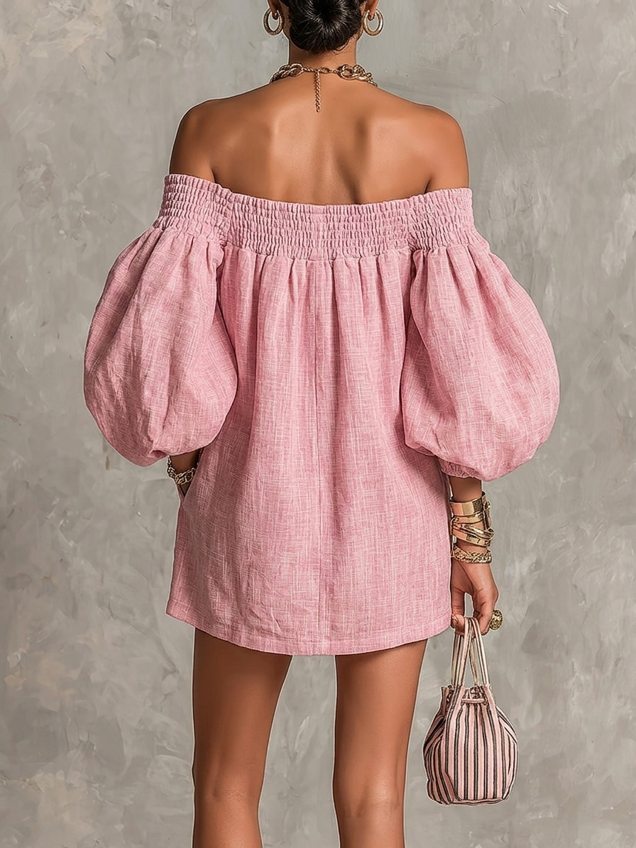 Violette | Off-Shoulder Pink Mini Trapeze Dress with Lantern Sleeves