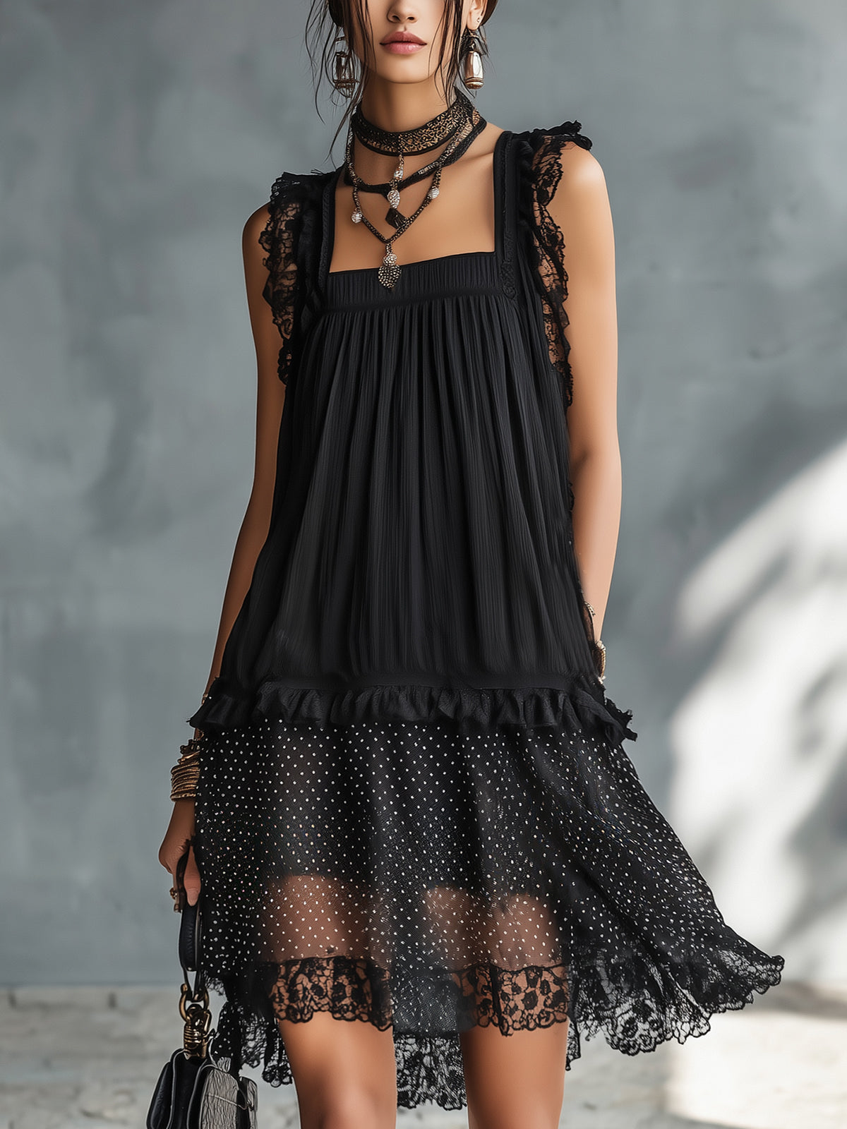 Pauline | Polka Dot Mini Dress with Ruffles and Black Lace Trim