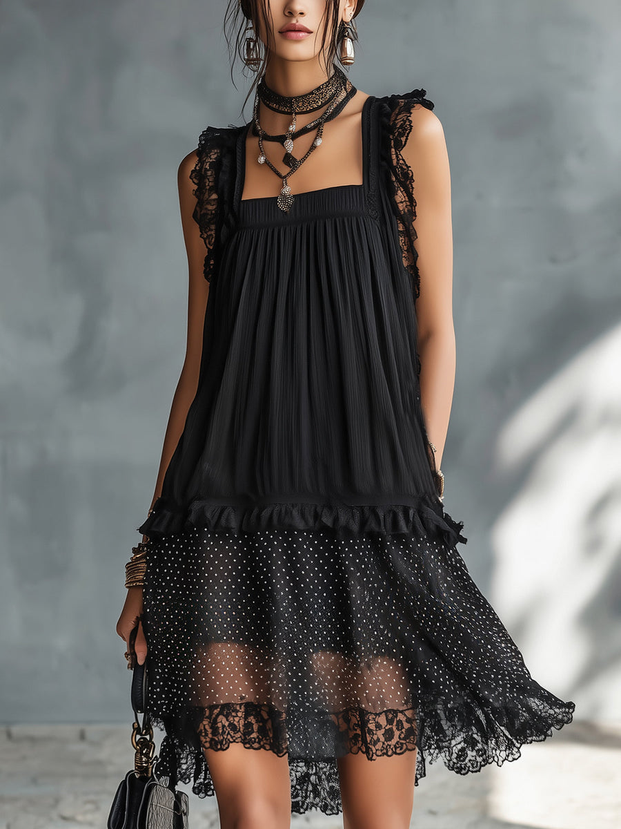 Pauline | Polka Dot Mini Dress with Ruffles and Black Lace Trim
