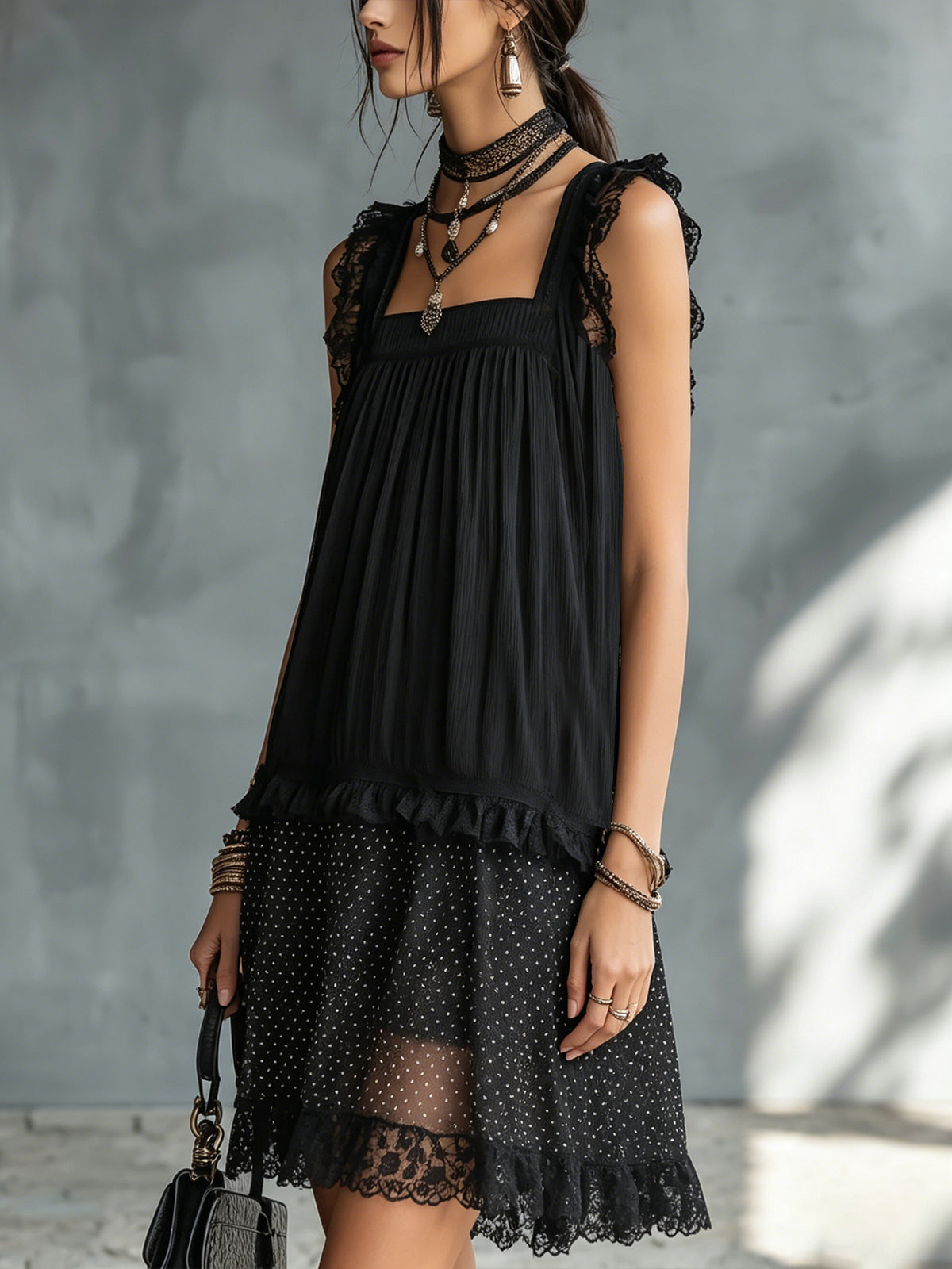 Pauline | Polka Dot Mini Dress with Ruffles and Black Lace Trim