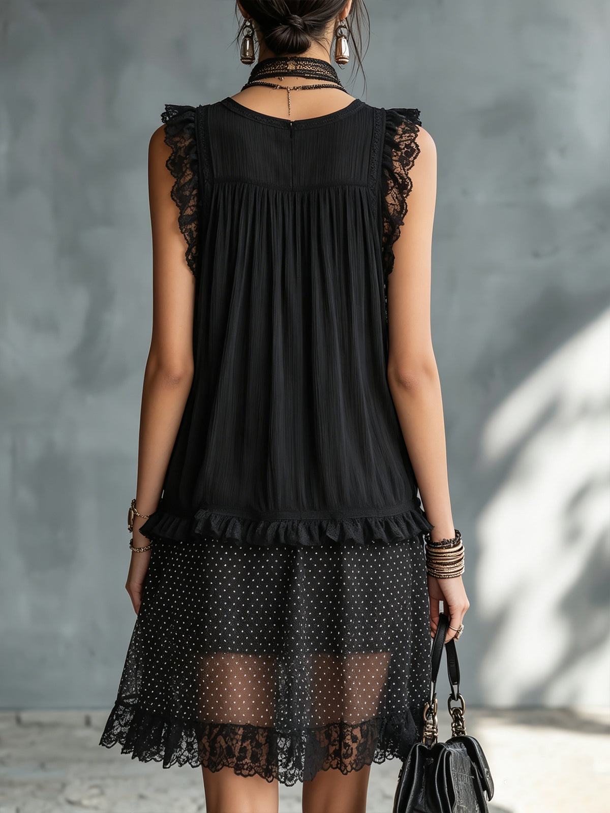 Pauline | Polka Dot Mini Dress with Ruffles and Black Lace Trim