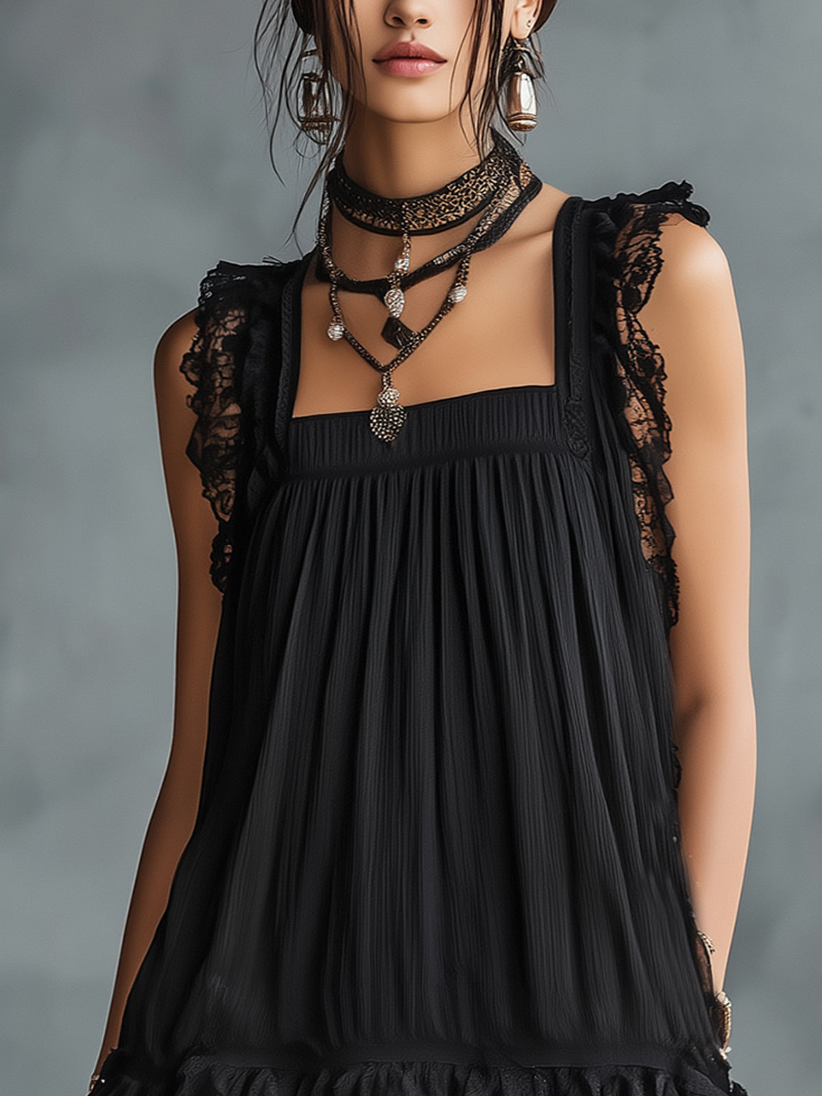 Pauline | Polka Dot Mini Dress with Ruffles and Black Lace Trim