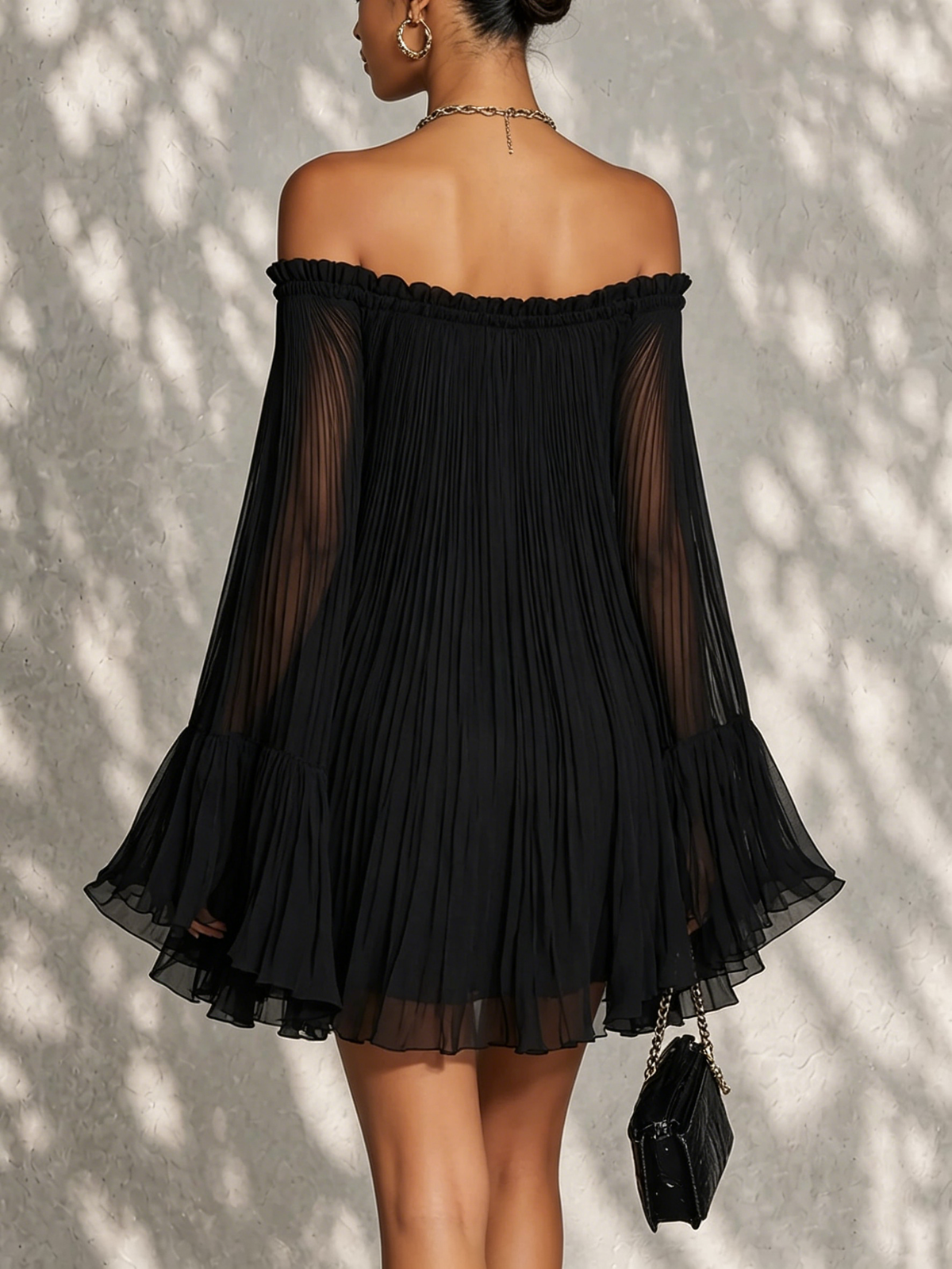 Océane | Black Off-Shoulder Mini Dress with Ruffled Bell Sleeves