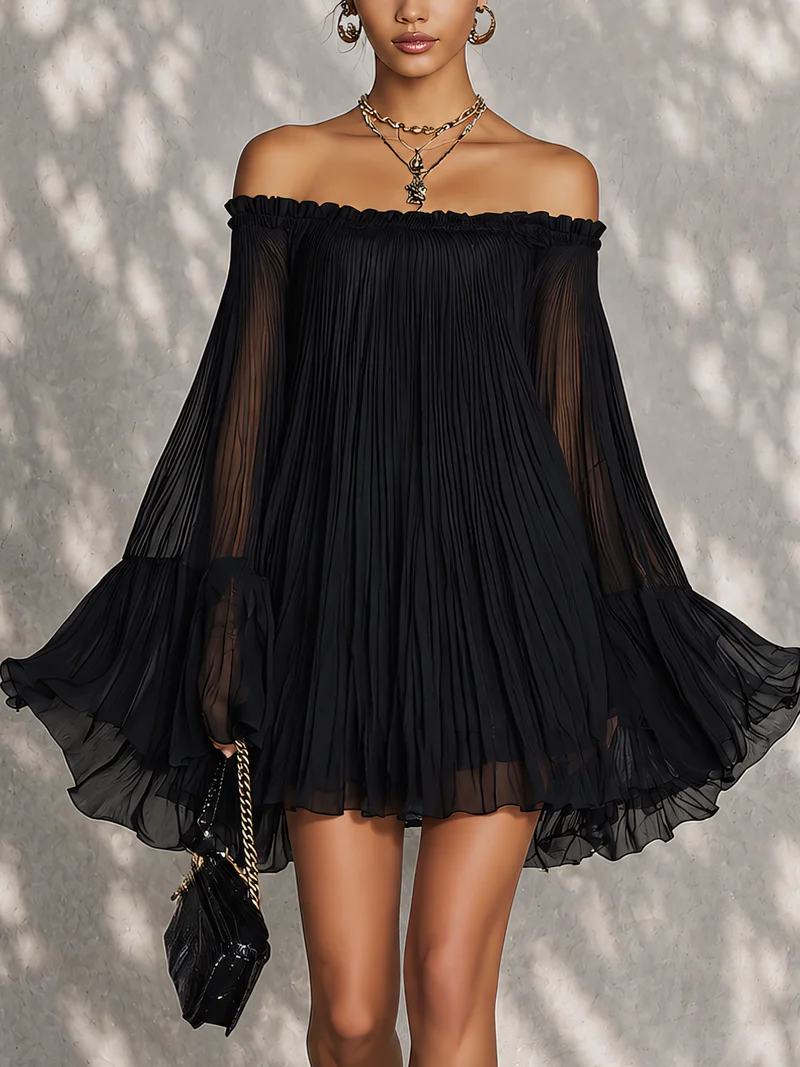 Océane | Black Off-Shoulder Mini Dress with Ruffled Bell Sleeves