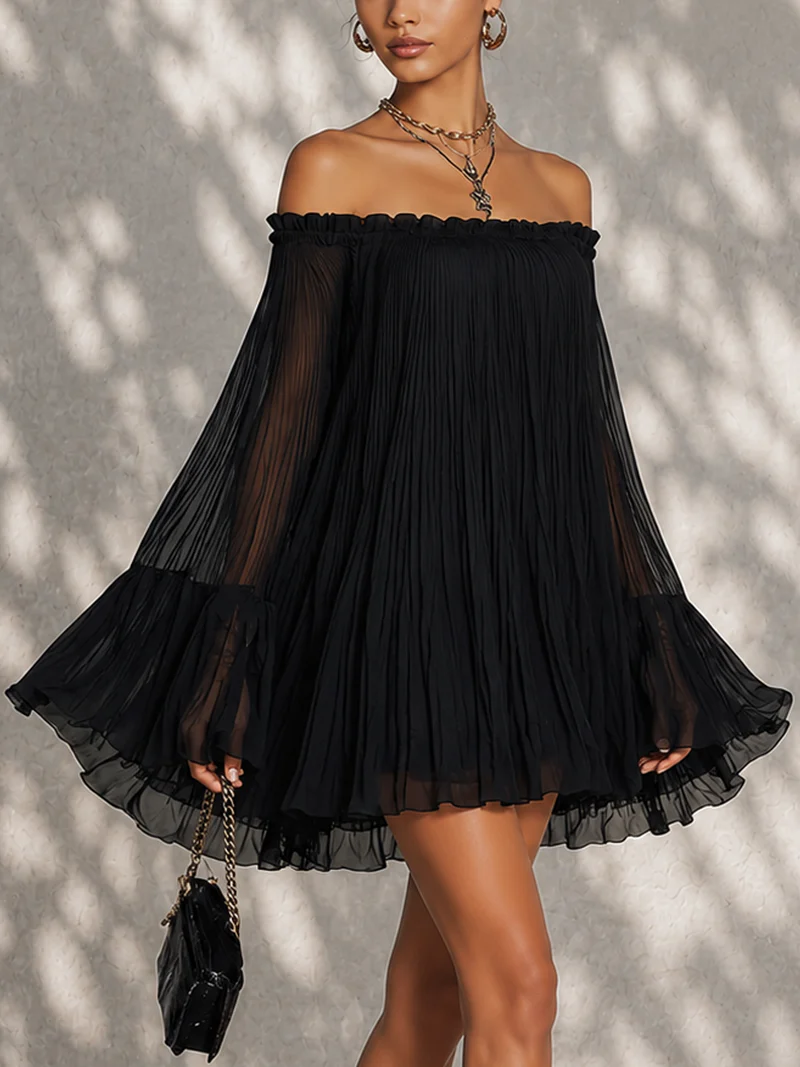 Océane | Black Off-Shoulder Mini Dress with Ruffled Bell Sleeves